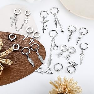 Jstyle 21 Pcs Earrings for Men Stainless Steel Black Long Chain Dangle Hoop Earrings for Men Women Jewelry Piercing Men Earrings Set