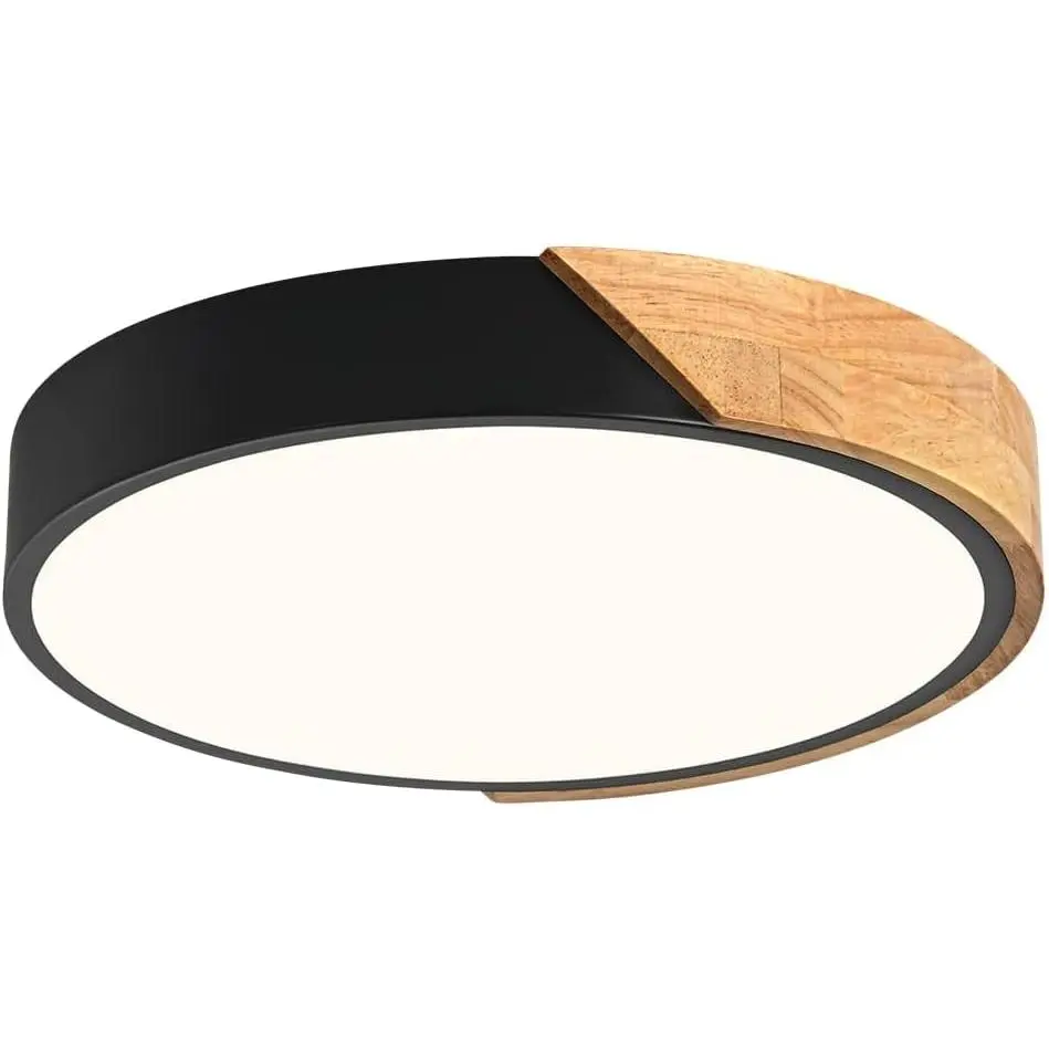 Modern LED Ceiling Light, Minimalist Wood Flush Mount Ceiling Light Fixture, 4000K Not Dimmable, Circle Lighting Lamp with Acrylic Lampshade for Bedroom Laundry Room Hallway (Black,11.8")