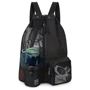 Mesh Drawstring Backpack - Draw String Bag with Wet-Dry Pocket, Water Bottle Holder, Multi-Pocket Design for Gym, Outdoor Travel; Lightweight, Breathable, Durable Home Organizer Storage Sack