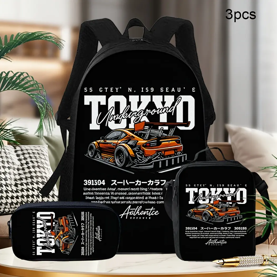 A 3pcs Set of Tokyo Modified Sports Car Print Backpack Kit, Made from Polyester Fabric, Featuring Adjustable Shoulder Straps And a Zipper Closure Design. It Includes a Spacious Backpack, a Crossbody Bag, And a Pencil Case bookbag
