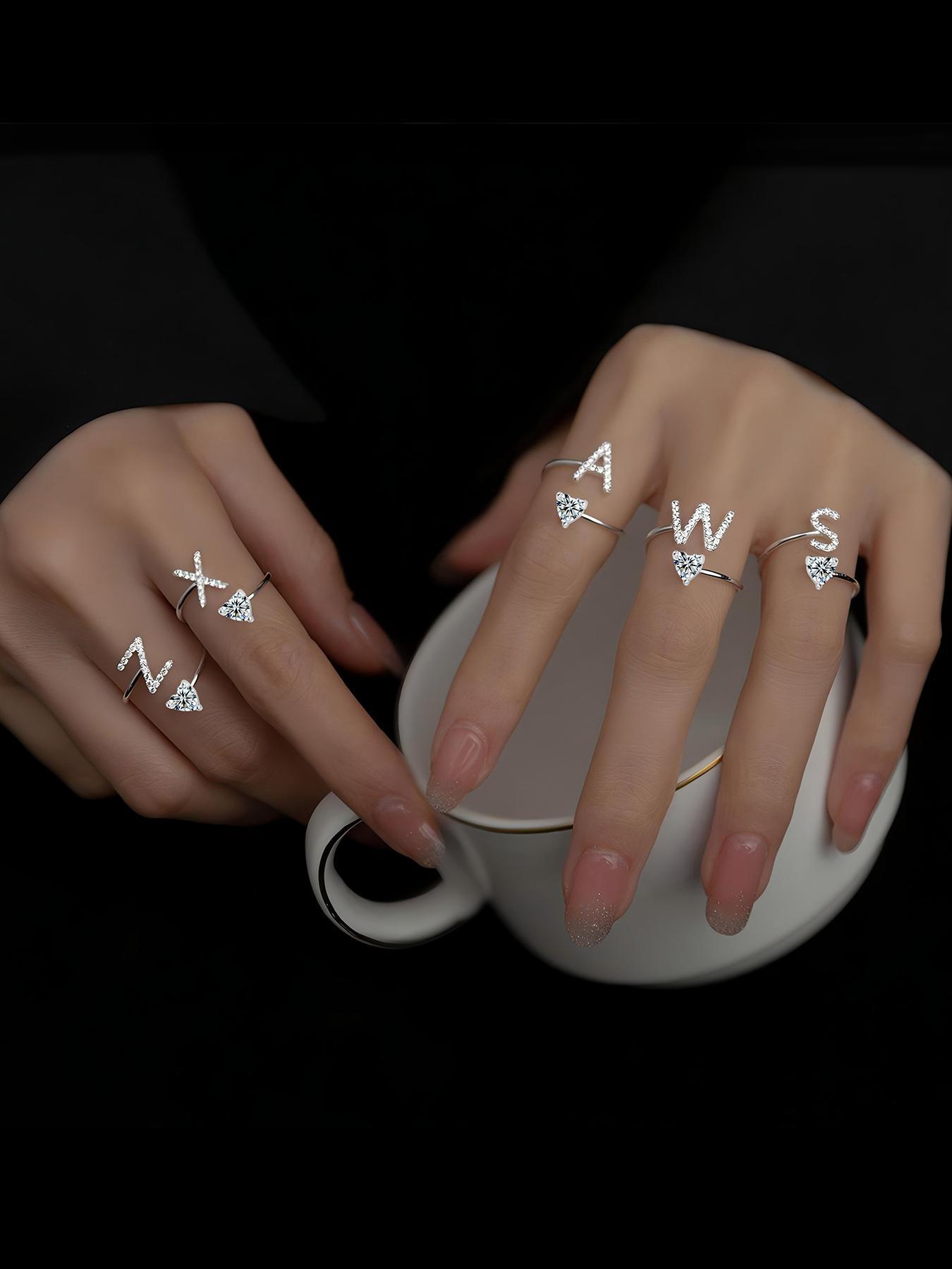 S925 Sterling Silver Letter Design Artificial Zircon Decor Cuff Ring, Fashion Jewelry for Party, Daily Decor, Trendy All-match & Exquisite Jewelry for Gift