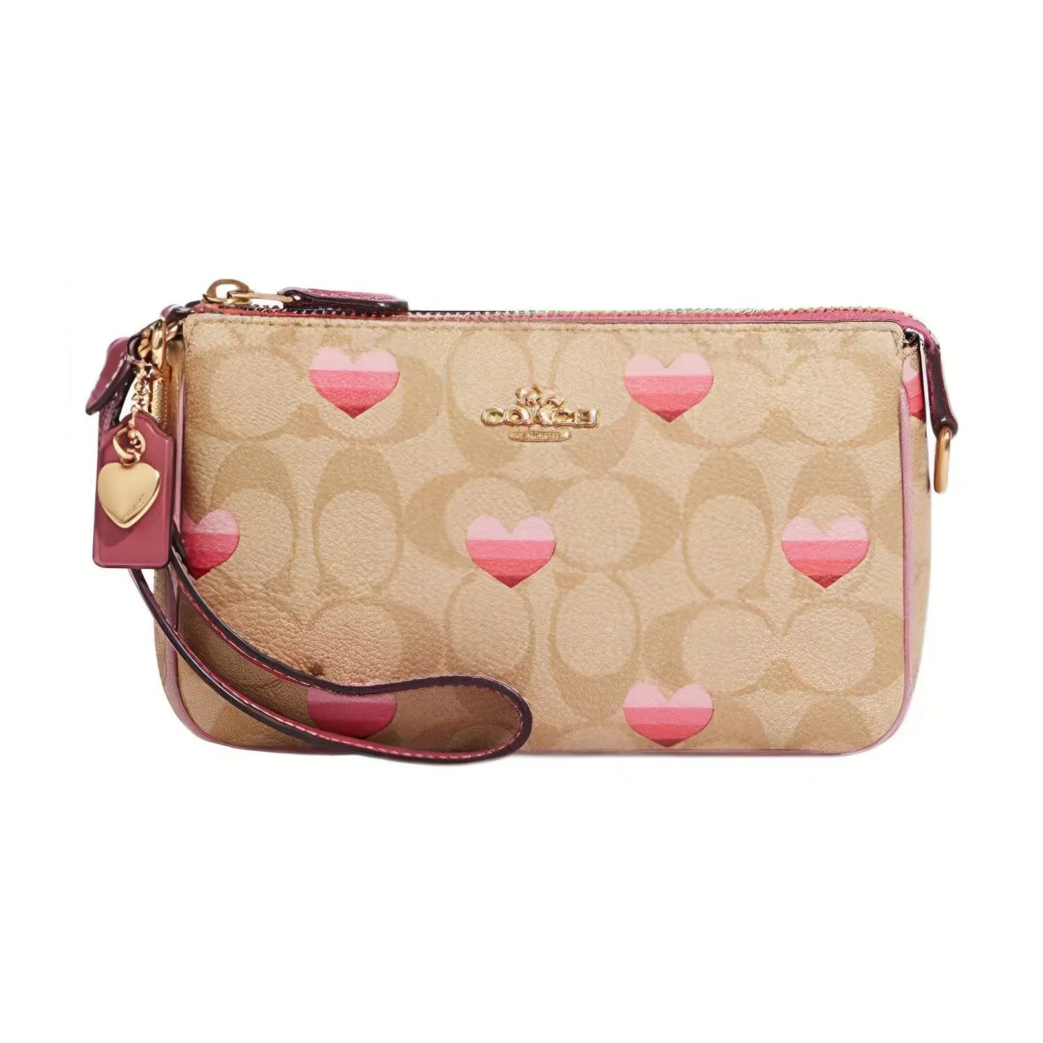 COACH Nolita 19 Classic Monogram Heart Print Zip Top Crossbody Clutch Bag for Women in Brown and Pink