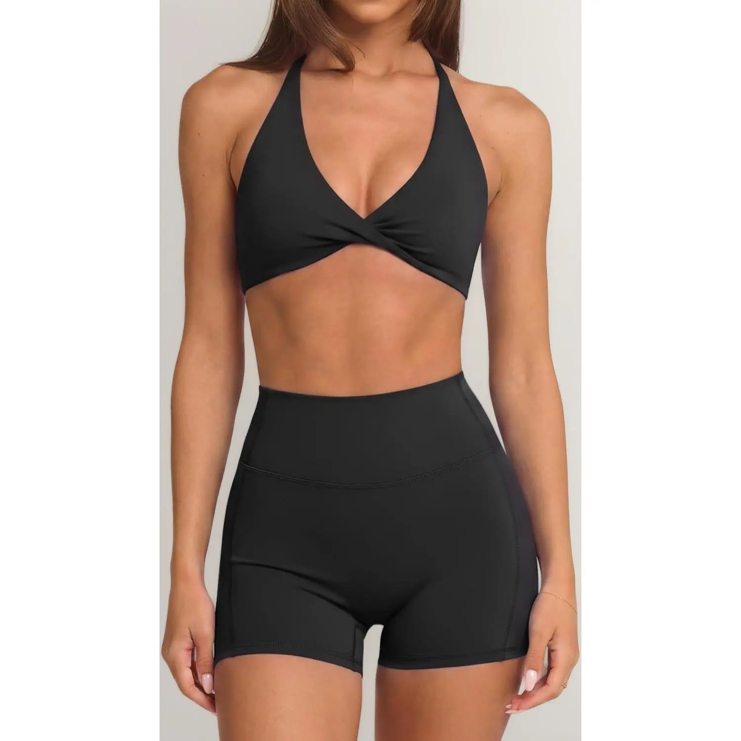 Women 2 Piece Workout Sets Twist V Neck Sports Bra Yoga Gym Biker Short