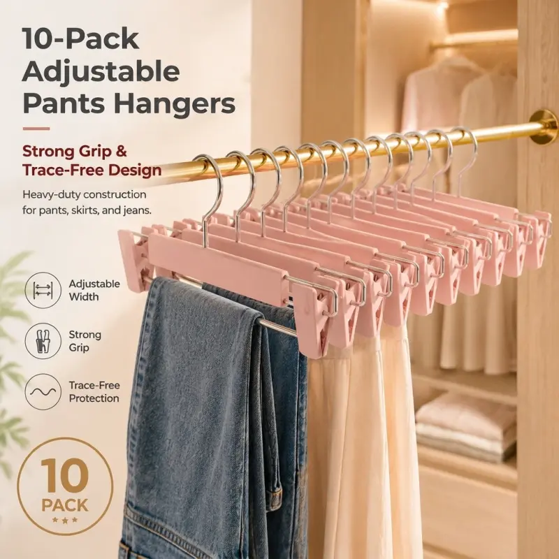 10-Pack Adjustable Pants Hangers with Clips | Strong Grip, Trace-Free Skirt Hangers for Closet Organization Organiser