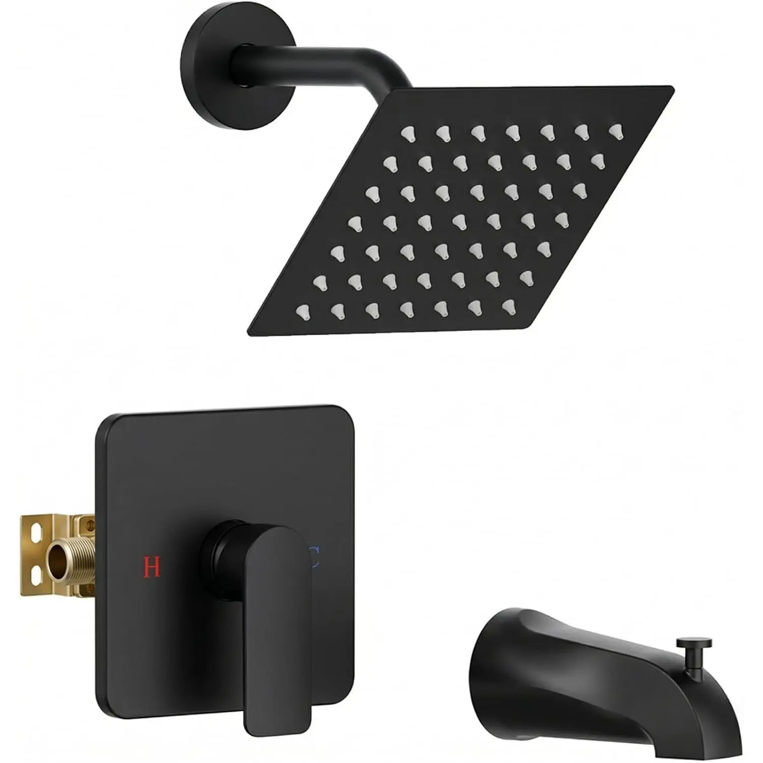 Shower Faucet Set Bathtub Faucet Set with Valve Included Shower Valve Kit with -Metal High Flow Tub Spout,6 Inch High  ,Solid Brass Valve  and Metal Handle Trim,Black