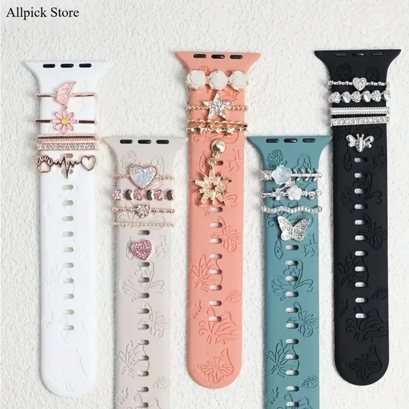 Butterfly Engraved Silicone Apple Watch Band With Decorative Rings Sport Breathable Strap Compatible All Watch Series Sizes
