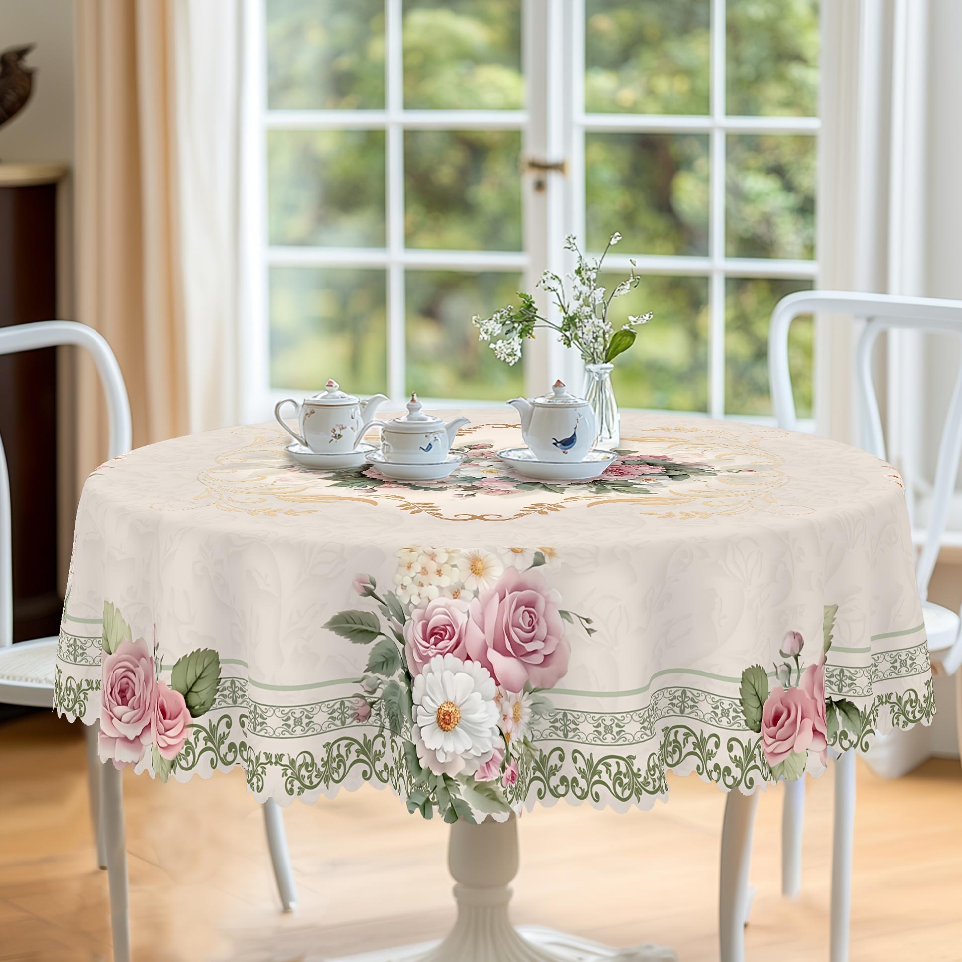 1pc French Vintage Rose & Daisy print Tablecloth - Elegant / with Roses & Daisies, Machine-Made Rectangular/Possibly Round Suitable for Valentine's Day, Weddings, Birthdays, Kitchen & Dining Table Cover - Fabric for Indoor/Outdoor Use