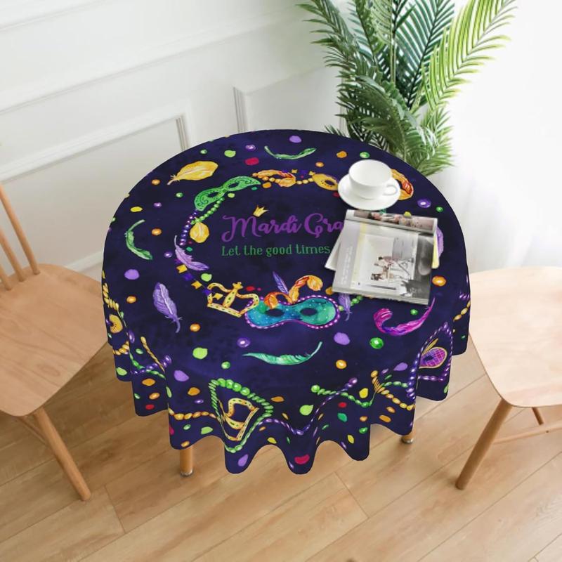 Mardi Gras Round Tablecloth 60 Inch Masquerade Party Mask Beaded Feather Carnival Decorative Table Cloth Farmhouse for Holiday Parties Dining Table Living Room Kitchen Decor