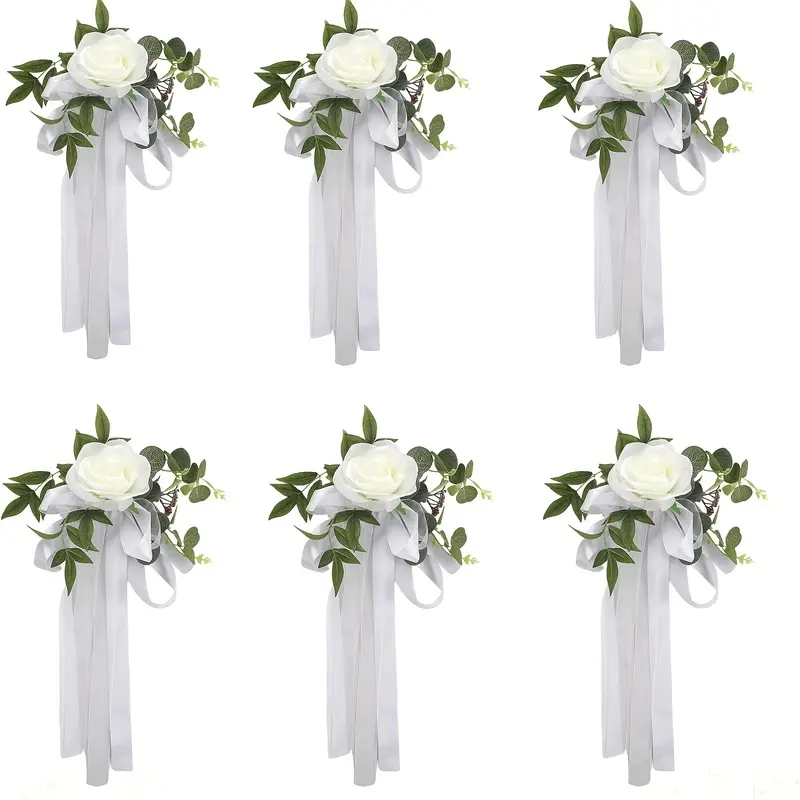 6-piece wedding aisle chair decoration, rose flower wedding chair with leaves and ribbons, church bench ceremony decoration (white), Halloween and Christmas decoration, Floral Decoration