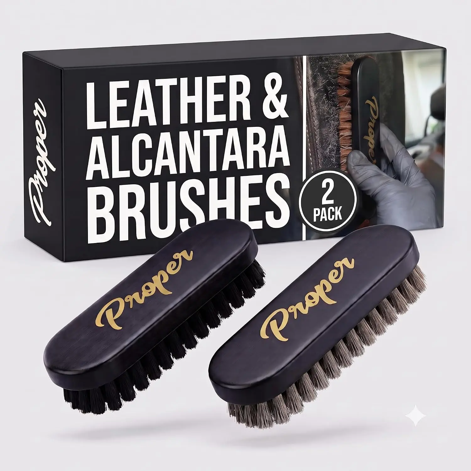 Professional Horse Hair Leather Brushes Set for Furniture Care, Upholstery Cleaning - Car Seats, Alcantara & Automotive Interior Surfaces Cleaner Brush