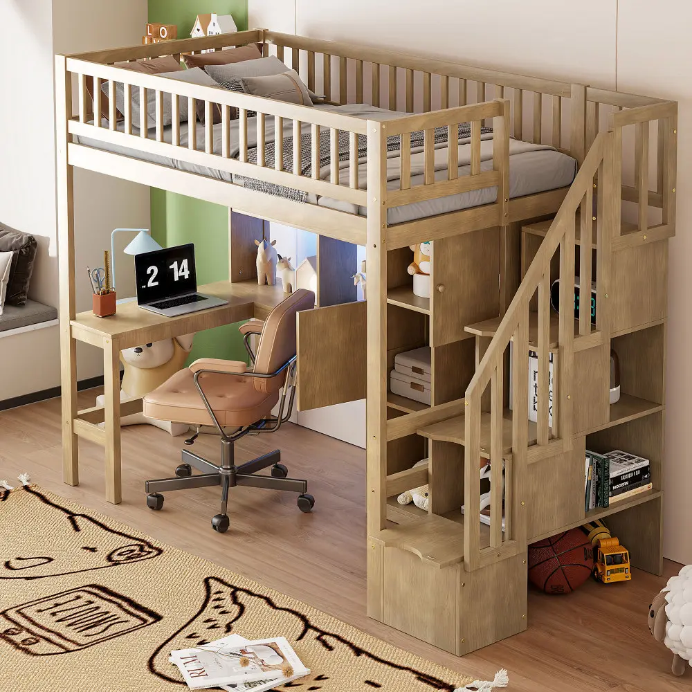 Sturdy Modern Solid Wood Standard Twin Loft Bed with Built-in Desk, LED Lights, Storage Shelves, Cabinets, Staircase - Multi-Functional Space-Saving Indoor Bed Frame for Bedroom/Dorm, Walnut or White Options