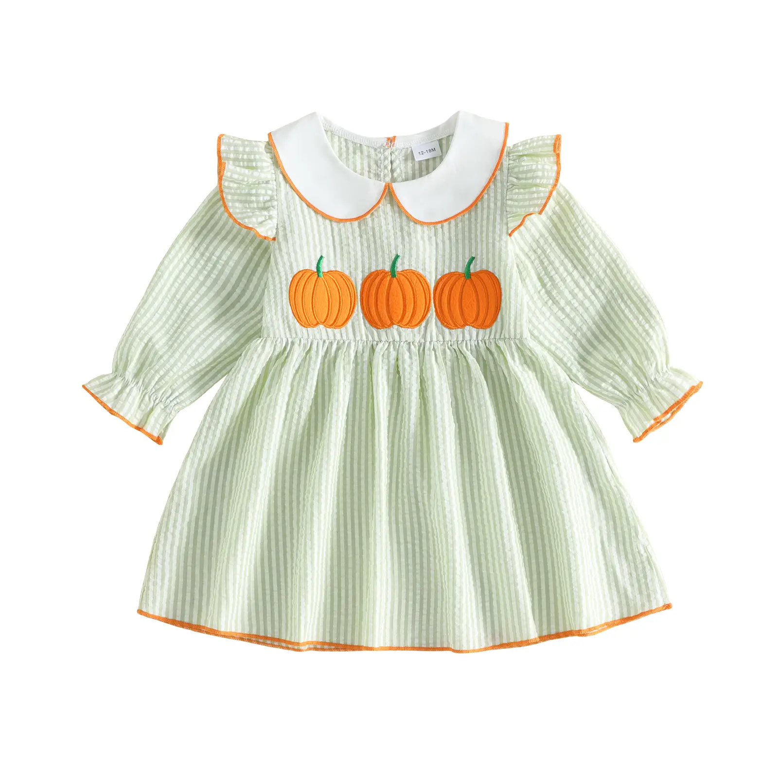 Toddler Baby Little Girl Halloween Dress Striped Pumpkin Long Sleeve Doll Collar Dress Fall Thanksgiving 1-5 Years