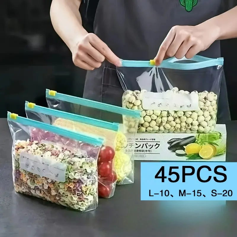 45-Piece Zipper Food Storage Bags, Reusable Sealable Containers for Fruits Vegetables Meats, Kitchen Organization, Odor-Resistant