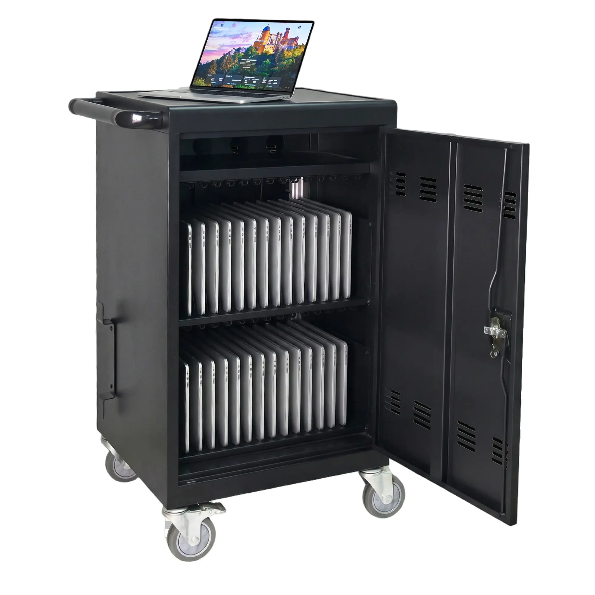 ARCH Mobile School Charging Cart Station for 30 Chromebooks Tablets Laptops, Locking Steel Computer Cart with Power Strip, Matt Black Metal Storage Cart for Classroom Library Office, Assembly Required, Matt Black Color Options, Metal Material