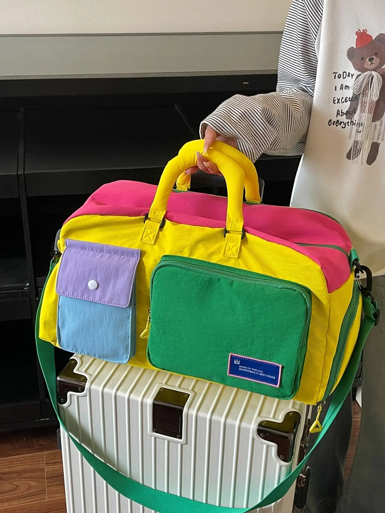 2026 New Color Block Multi-Pocket Travel Bag, Vintage Patchwork Canvas Handbag, Large Capacity Fitness Bag, Crossbody School Trip Airport Bag