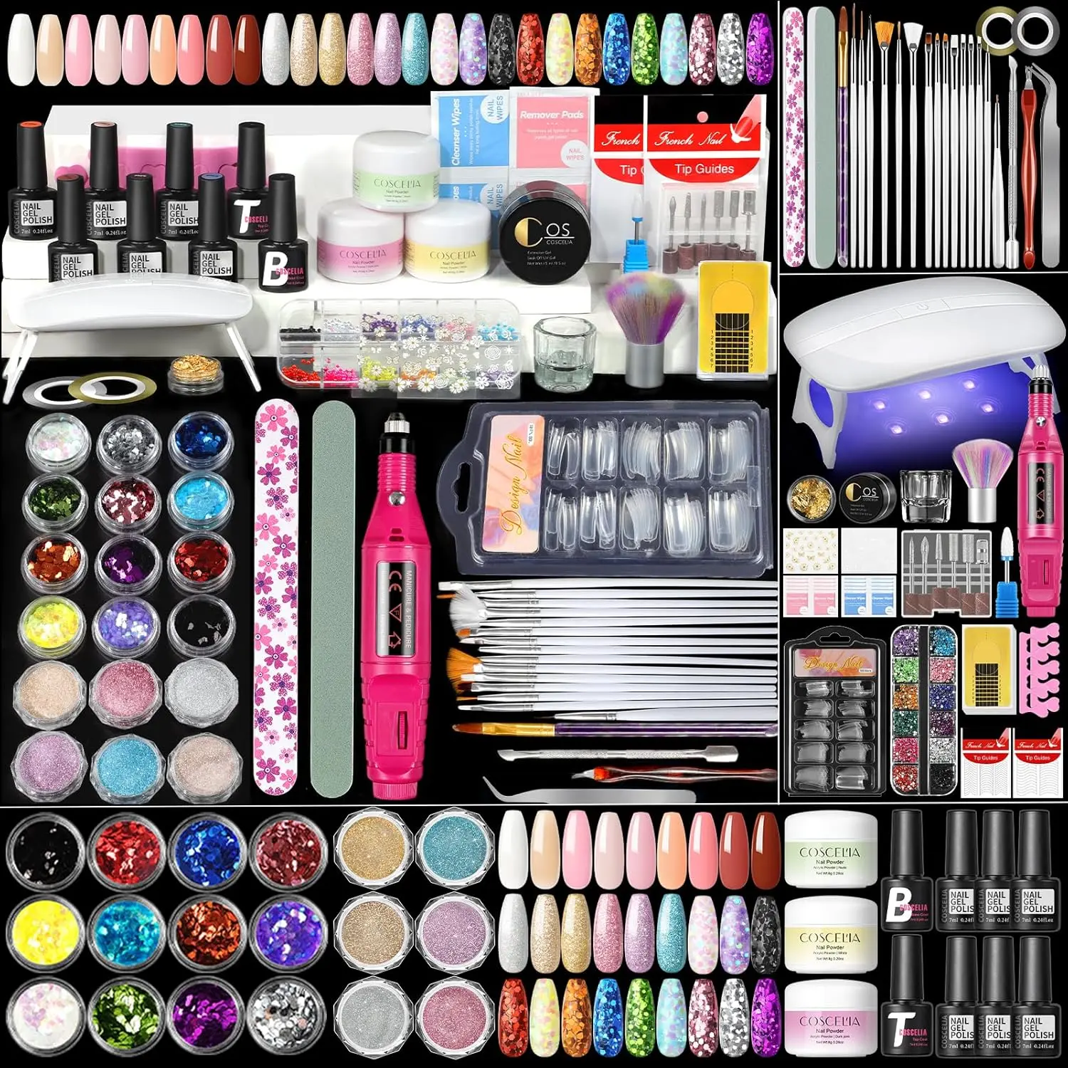 Acrylic Nail Kit   with Everything Professional Acrylics Powder 6pcs Gel Nail Polish 18pcs Glitter Decoration Powder Nails Kit Acrylic Set with Drill Light Gifts  Women