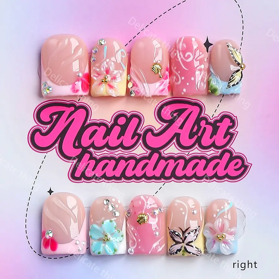 Y2K Square Nails, DIY Fake Nails, 10 Fingers Per Set, Handmade, XS-S-M-L Sizes, Perfect for Parties, Dates, Gifts, Includes Glue, Pusher, File