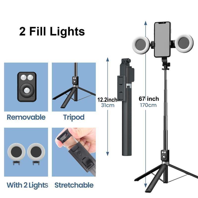 67Inch Aluminum Alloy Phone Selfie Stick with 2 Fill Light, Multifunctional Remote Control Selfie Stick, Live Streaming Tripod for Mobile Phone, Tripod Stand for Vlogging, Gimbal, Photography, Camera Cellphone Smartphone Black tripod ring light moving