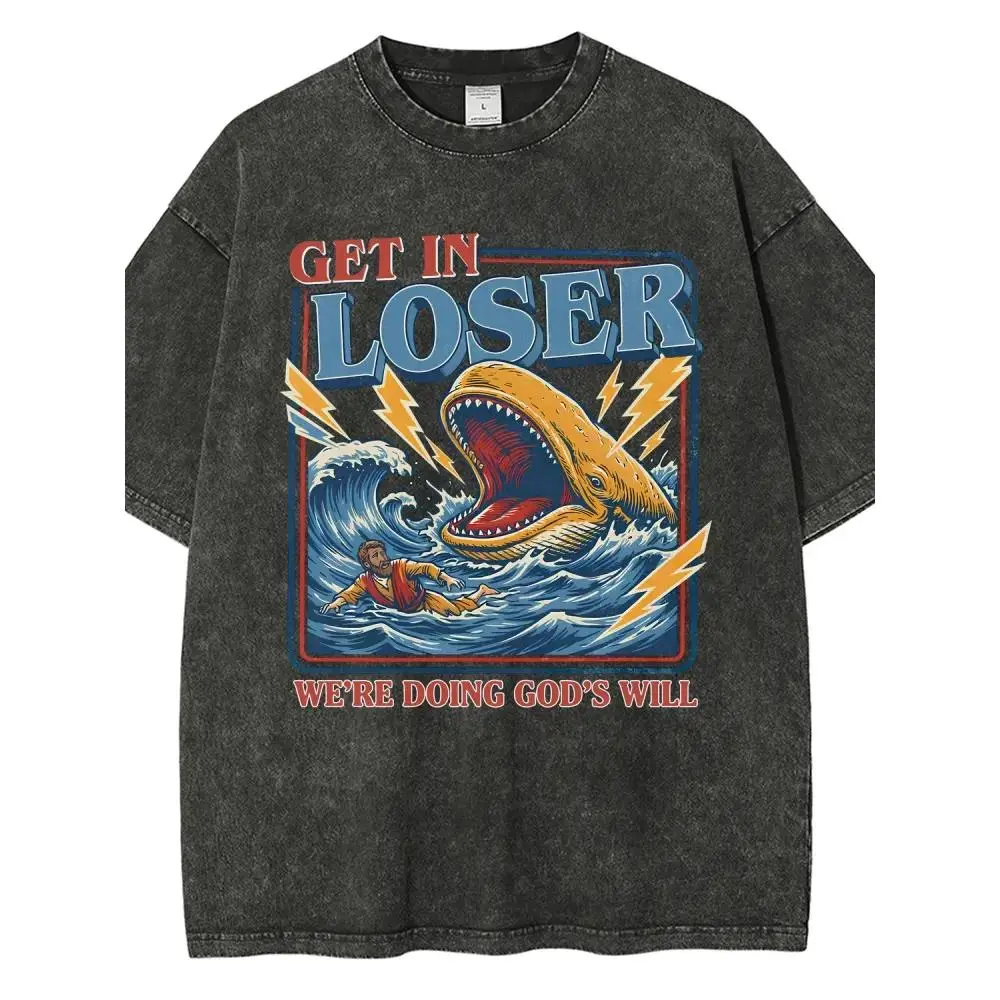 Men's Unisex Cotton Round Neck Oversized Washed T-Shirt - Christian Streetwear, Jonah and the Whale Graphic, "Get In Loser We're Doing God's Will" Verse, Faith Humor Fabric Style Religious Gift,summerwins,father'sdaygifts, Minimalist, Simple, Shortsleeve,