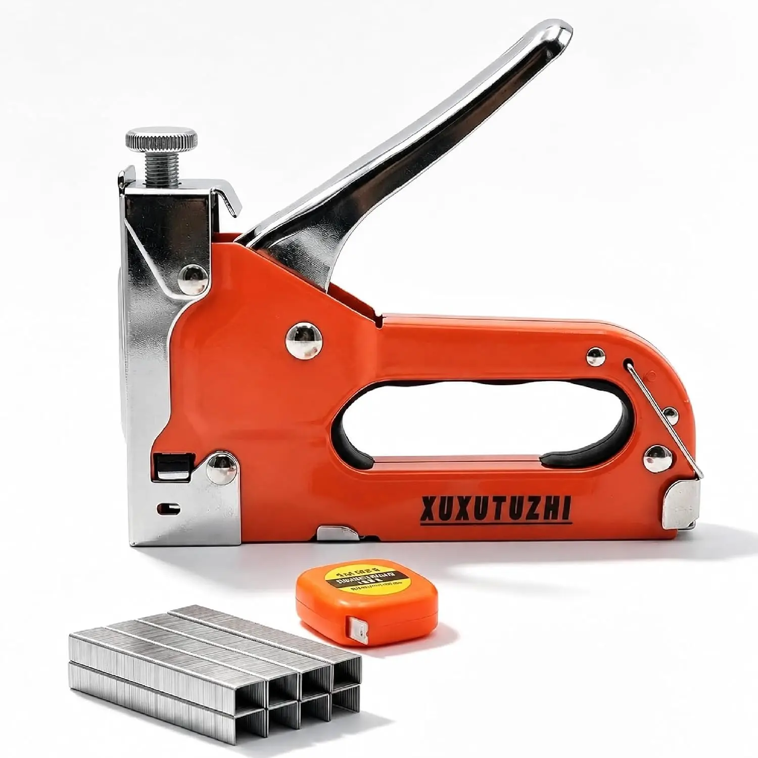 Heavy Duty Manual Staple Gun with Adjustable Force | Upholstery Stapler for Wood, Furniture Repair, Fabric Projects, Crafts and Home DIY | 4–14mm D-Type Staples 800 8mm Staples and Mini Tape Measure