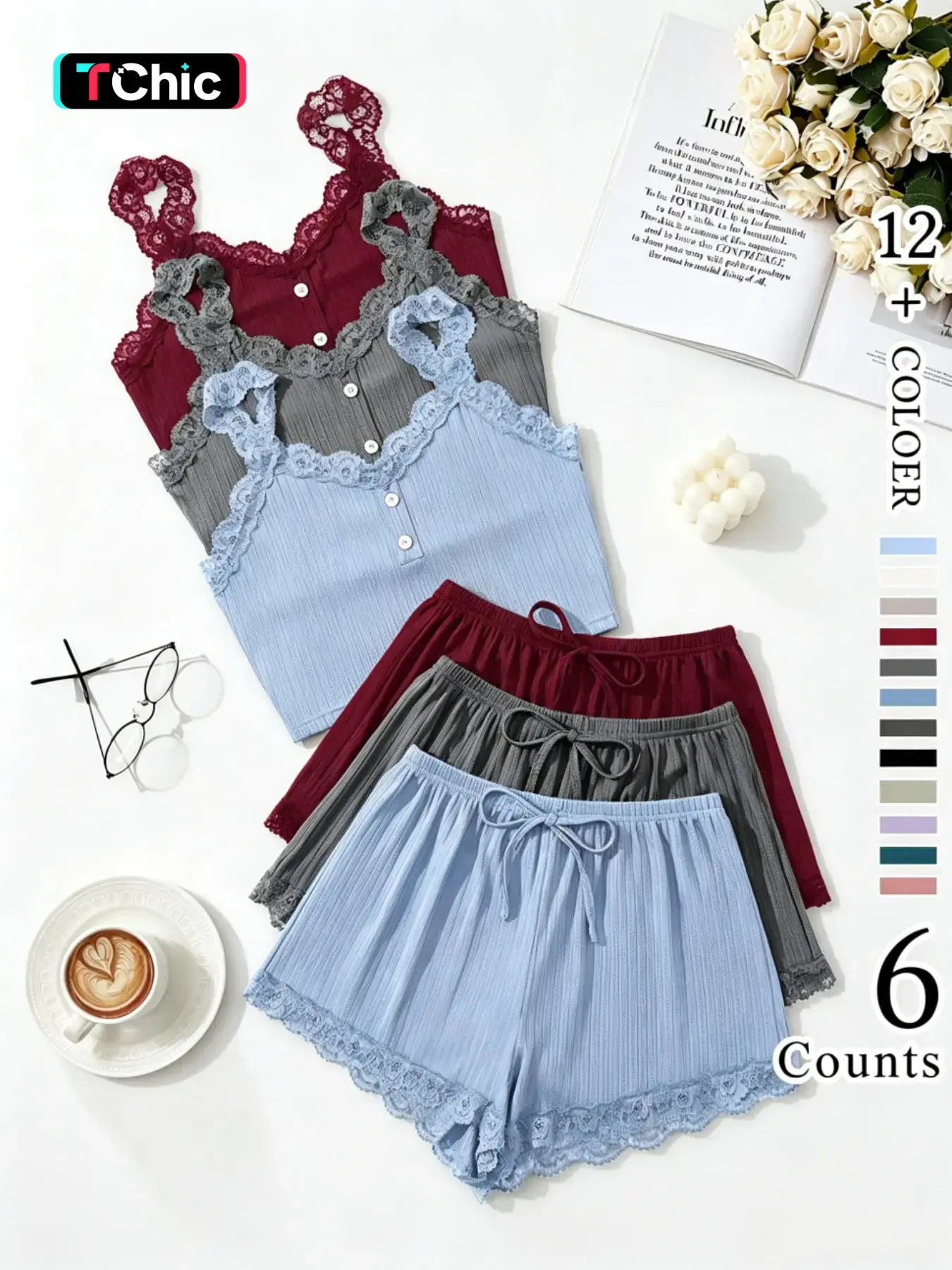 Women's Elegant Chic Contrast Lace Button Jersey Cami Top & Elastic Waist Tie Front Shorts Pyjama Set, Casual Comfortable Soft Loungewear Set For Women, Fit Pyjamas for Women, Spring, Lingerie, Casual Comfy Lingerie, Elegance, All Season Lingerie