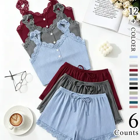 【Black Friday】Women's Lace-Trim Pajama Set, Soft Ribbed Button-Front Cami Top and Elastic-Waist Drawstring Shorts, Two-Piece Sleepwear and Loungewear