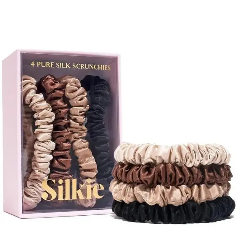 x4 Set - Forget Satin -  Pure Mulberry Silk Black Brown Skinny Scrunchies Travel Pouch Everyday Hair Ties Elastics Hair Care Ponytail Holder No Damage (Chocolate)