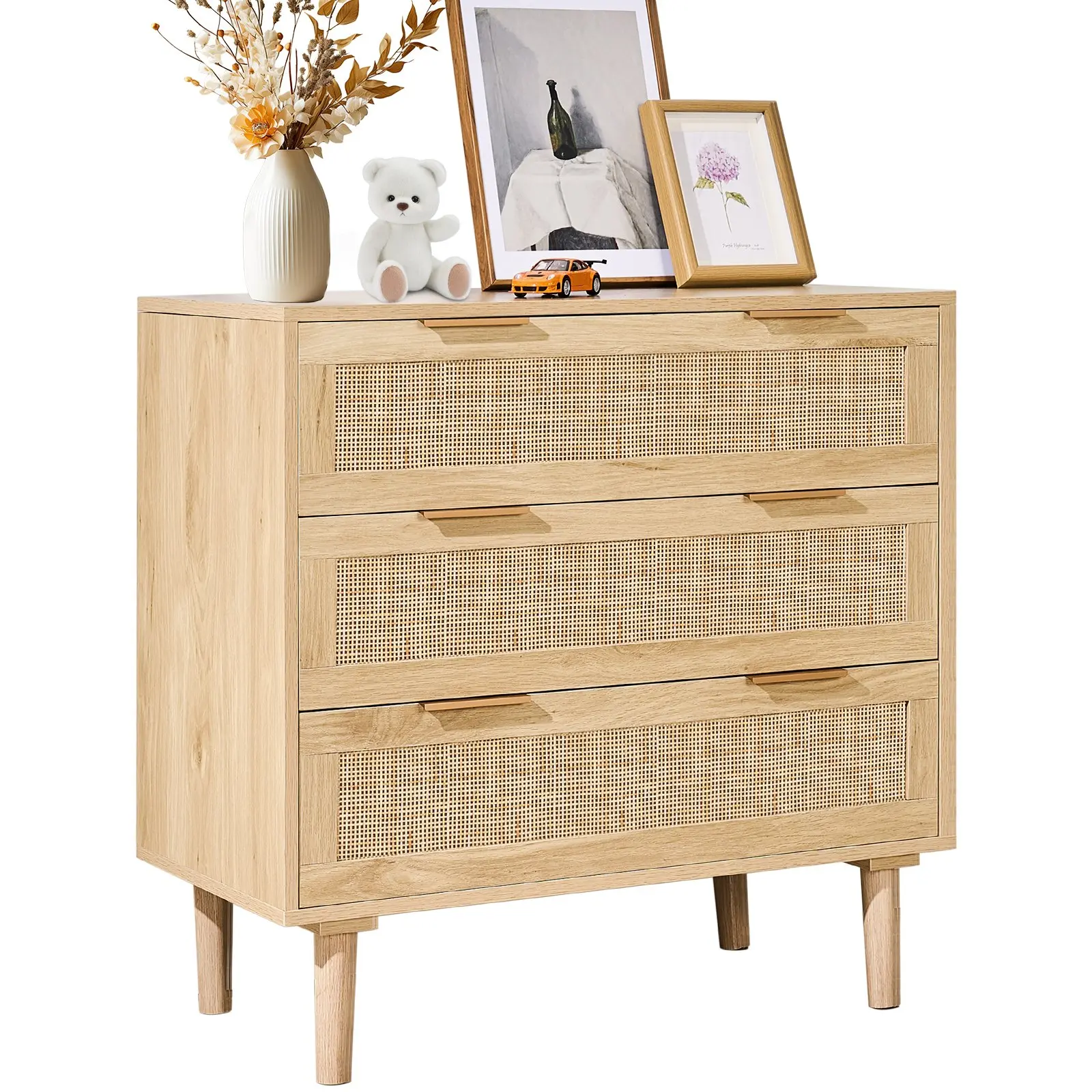 【Summerfinds】VEVOR 3 Drawer Rattan Dresser, Natural Rattan Closet Dresser with 3 Drawers, Modern Wood Chest Clothing Organizer Storage Boho Dresser with Sturdy Handles Legs, for Bedroom, Living Room Hallway