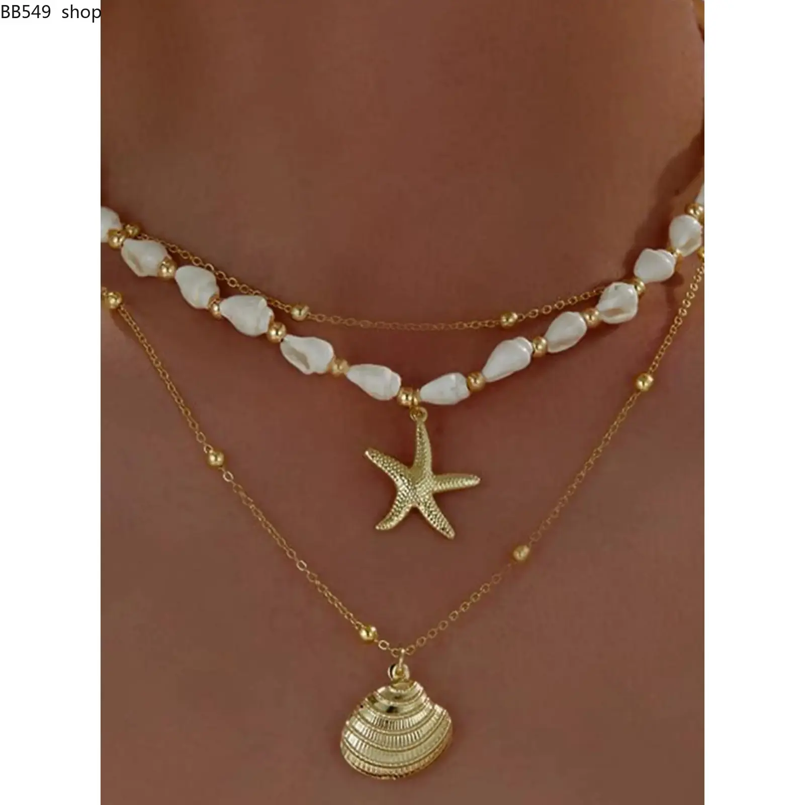 Seashell Starfish Necklace for Women – Summer Conch Shell & Pearl Beach-Style Layered Dainty Choker, 14K Gold Layered Statement Jewelry, Star Shine Necklace
