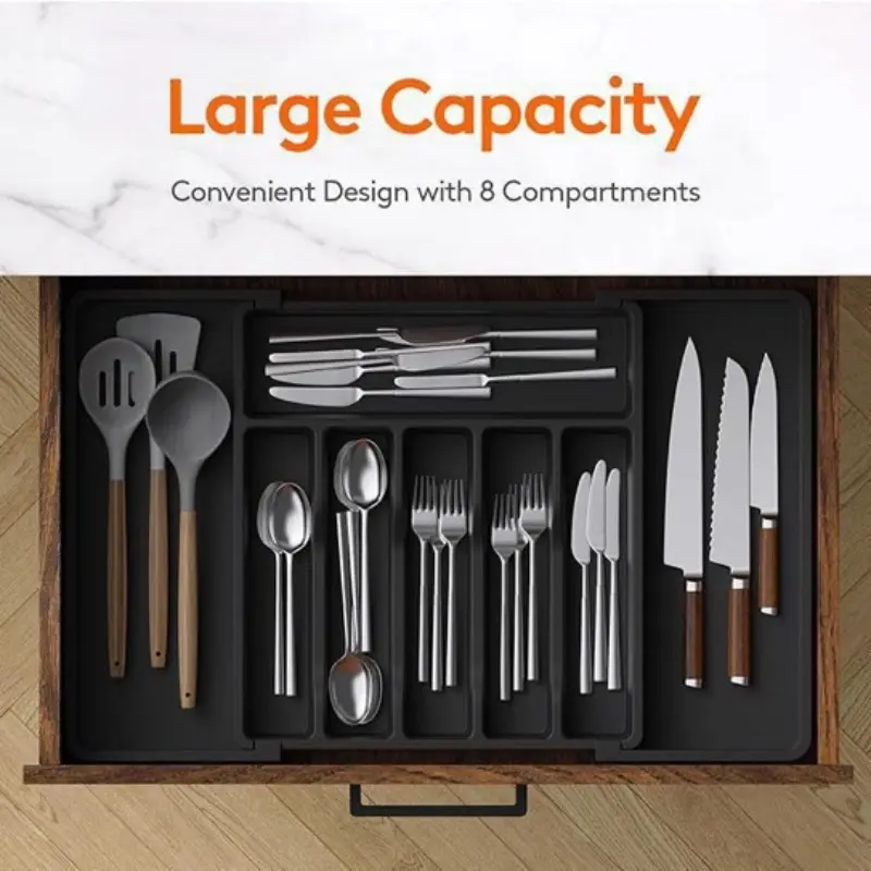 Expandable Silverware Organizer, Plastic Utensil Tray for Kitchen Drawer, Flatware Cutlery Holder, Space-Saving Storage for Spoons Forks Knives, Black