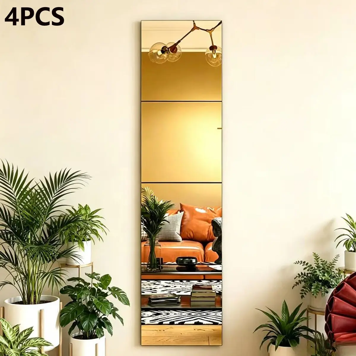 4pcs Golden Square Self-Adhesive Acrylic Mirror Wall Stickers, Waterproof Frameless Wall Mirror Tiles, Safe for Children, Full Length Mirror Decor for Bathroom Gym Living Room Dorm Rental Home, Home Decor