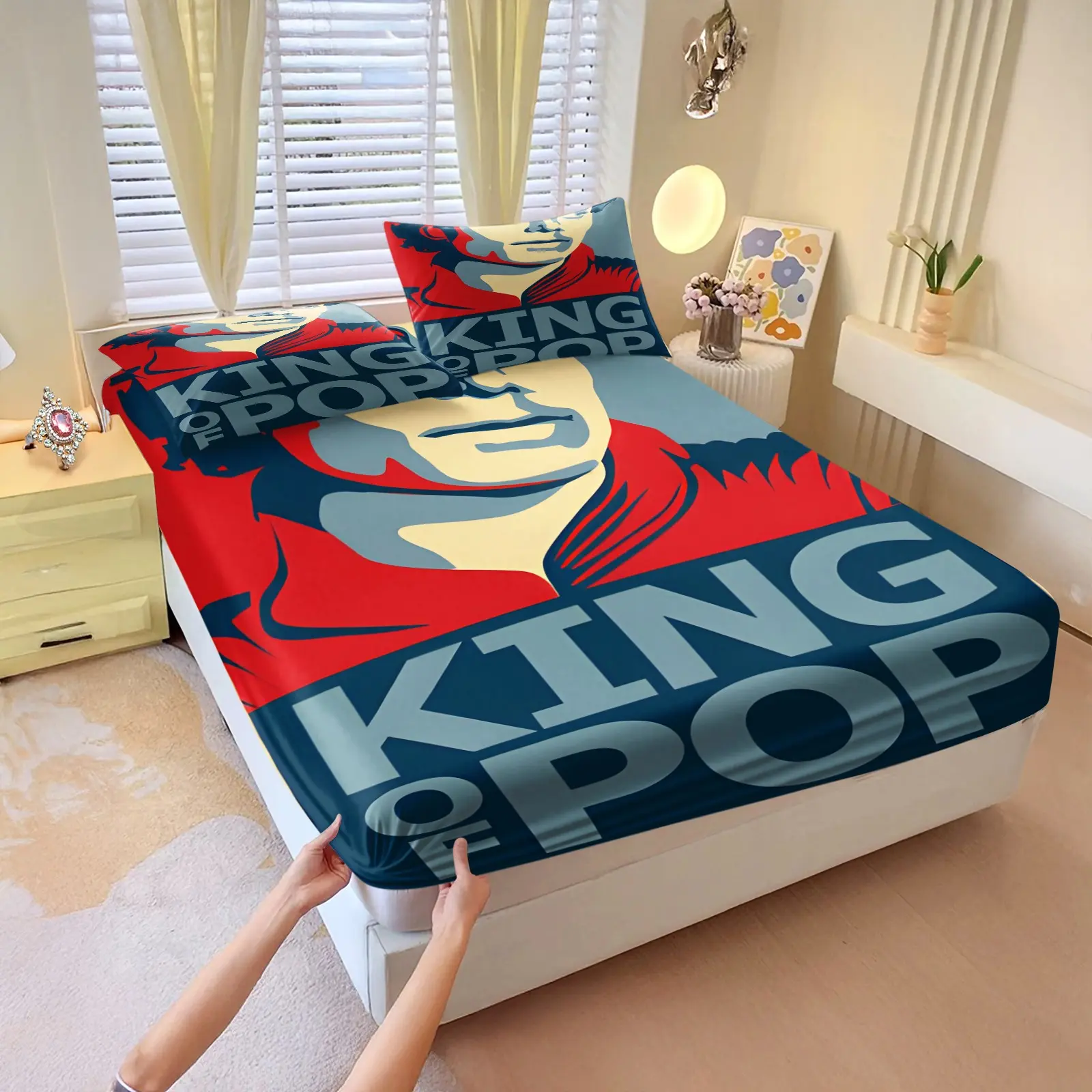 3Pcs Michael Jackson Classic Single Poster Trendy All-over Print Fitted Sheet Set, Vintage Rock Poster Art Pattern, Trendy Home Gift for Fans’ Birthday & Housewarming