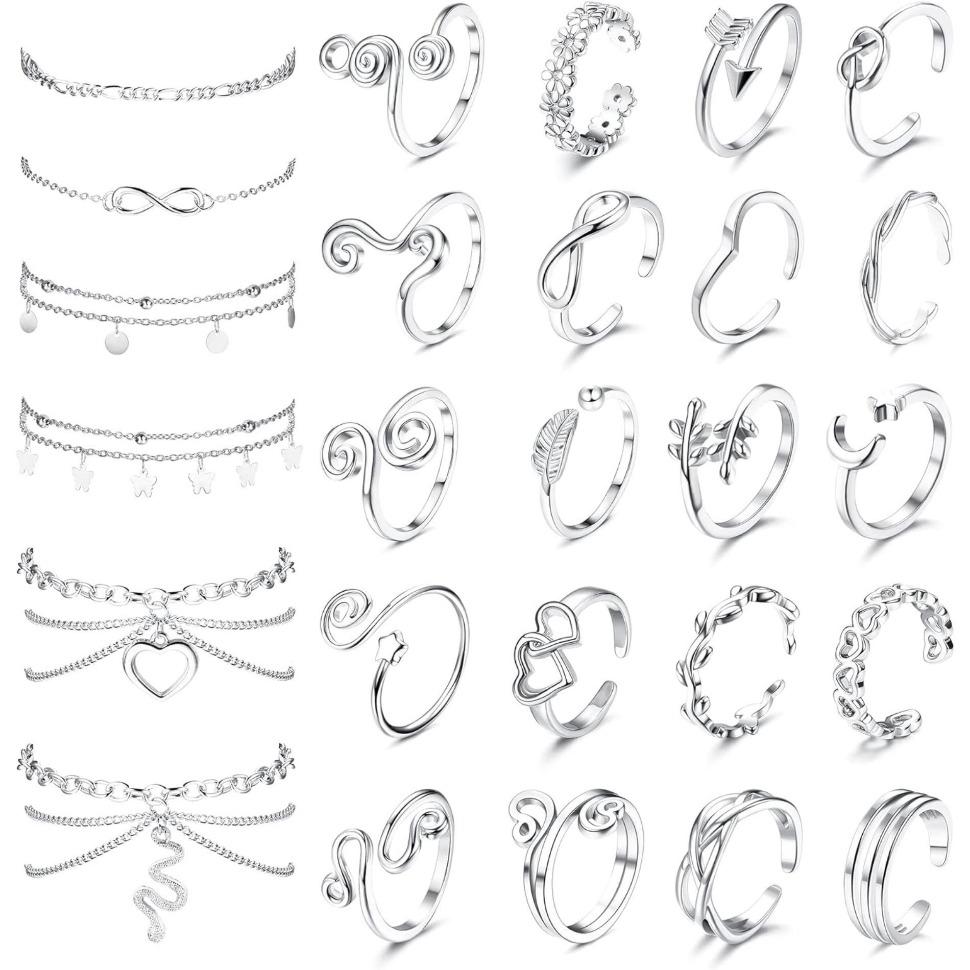 Jstyle Toe Rings and Ankle Bracelets for Women Silver Rose Gold Plated Anklet Toe Rings Cute Layered Anklets Open Tail Rings Adjustable Beach Foot Jewelry for Summer Daily