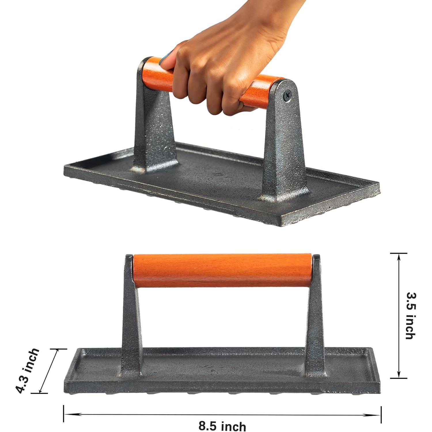 Cast Iron Bacon Press for Griddle - Heavy Duty Smash Burger Press, Grill Press with Ergonomic Wooden Handle, Meat Press for Flat Top Grill, Ideal for Burgers, Bacon, and Steaks 2 pcs Kitchen Utensils Cooking Steel