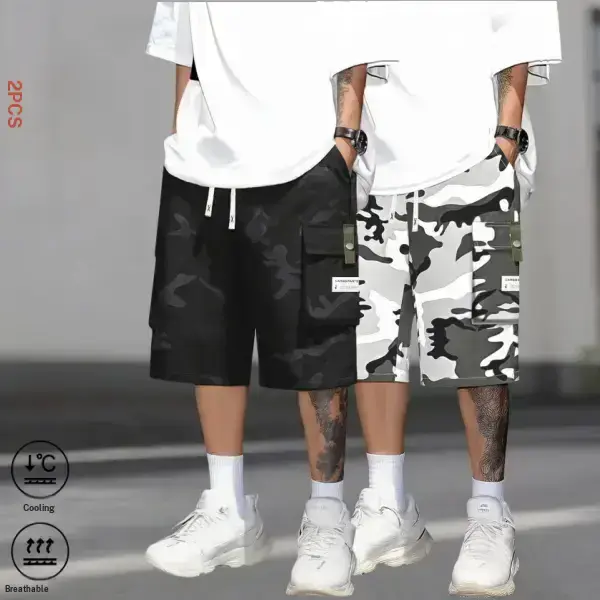 Men’s two pack summer camouflage cargo shorts, knee length, plus size, loose fit; versatile color block casual shorts for everyday wear and outings fathersdaygift Pocket Stylish Tropical Menswear