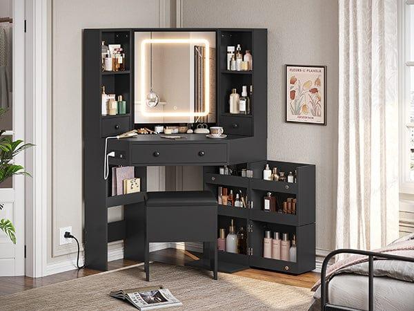 Corner Makeup Vanity Set with Upholstered Storage Stool Black