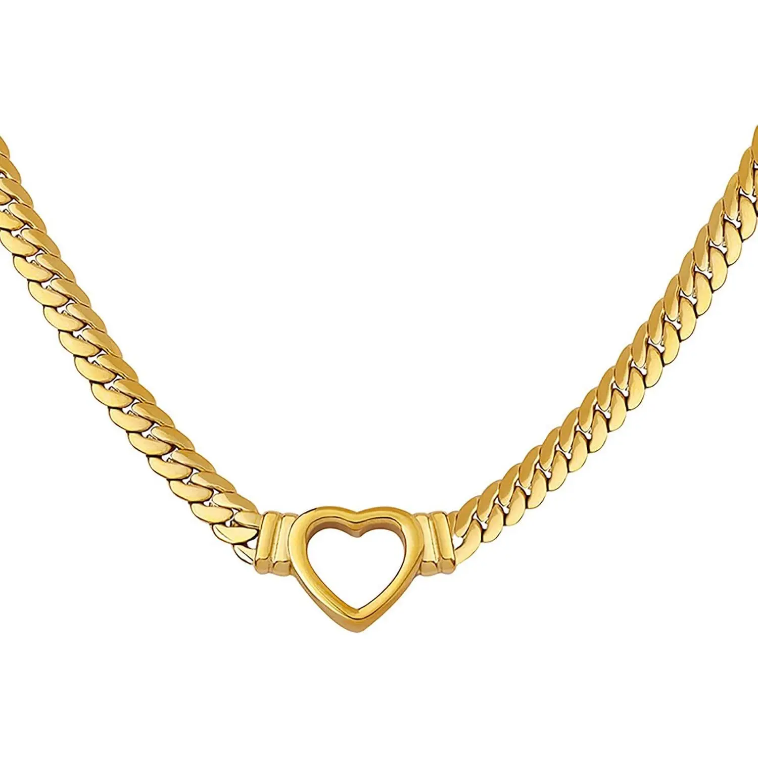 Flat Cuban Link Chunky Chain Necklace  Stainless Steel Hollow Heart Charms Choker Clavicle  for Women Teen Girls