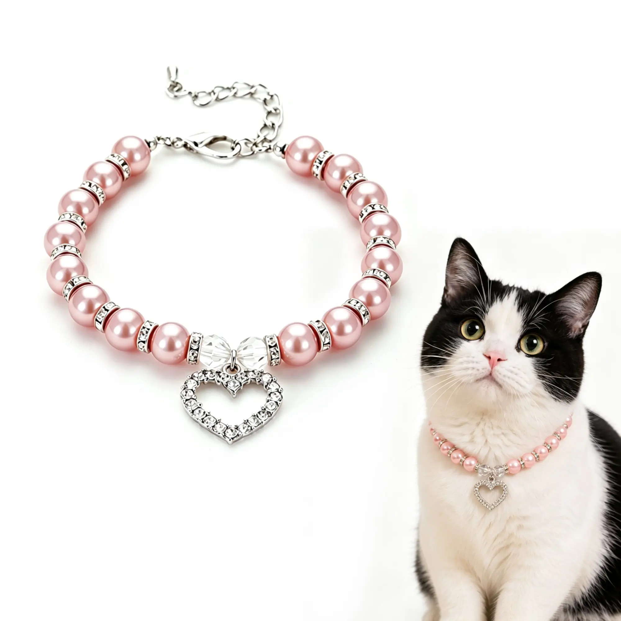 1 PC Dog Cat Collar Necklace with Rhinestone Love Pendant, Fancy Cat Wedding Collar Jewelry for Girl Cat Puppy Dogs Accessories