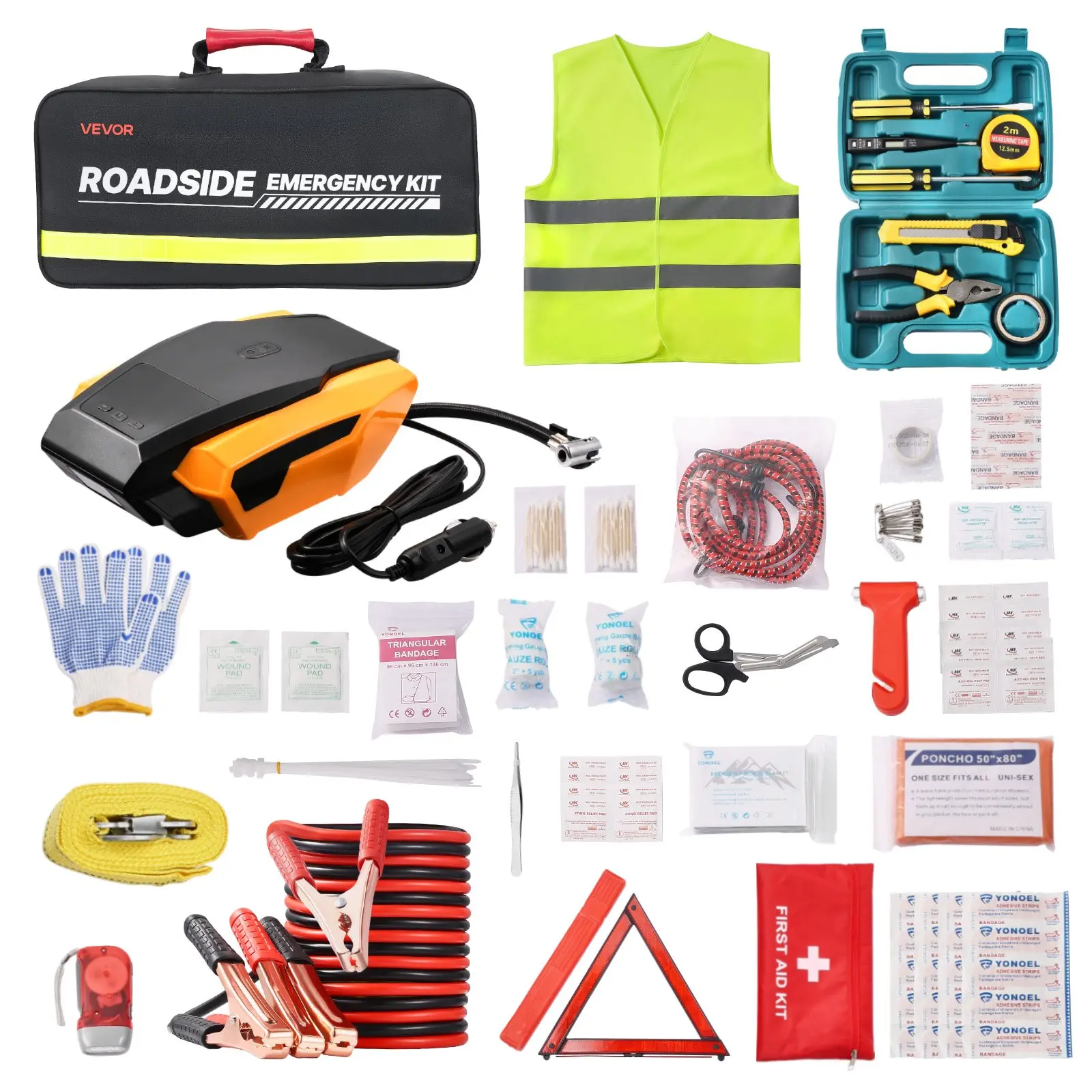 【DealsForYouDays】VEVOR Car Emergency Kit, 2-in-1 First Aid Kit with Jumper Cables, Essential Roadside Emergency Car Kits for Vehicle, Travel and Home, 32-Piece Auto Road Side Assistance Tools with Medical Aid Kits