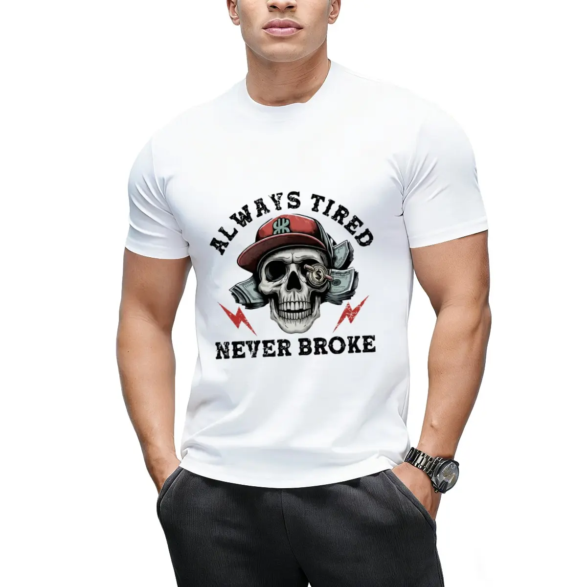 Unisex Casual Classic Short-Sleeve Graphic Top, Vintage Skull Money Lightning Bolt Print Streetwear White Tee (Sports & Outdoor Clothing), Shortsleeve, Tops