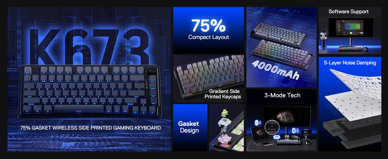 Redragon K673 GB 75% Wireless Gasket RGB Gaming Keyboard, 3-Modes 81 Keys PBT Compact Mechanical Keyboard w/Hot-Swap Socket, Dedicated Knob Control & 5-Layer Noise Dampening, Custom Linear Switch