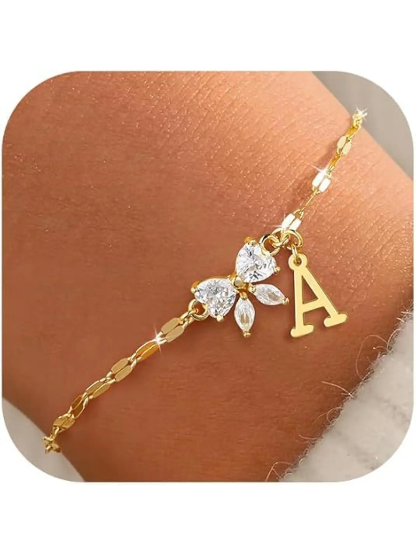 Bowknot Design Initial Bracelet, Rhinestone Decorated Link Bracelet for Women & Girls, Exquisite Trendy Bracelet, Fashion Jewelry for Party, Daily Decor, Stainless Steel Bracelet
