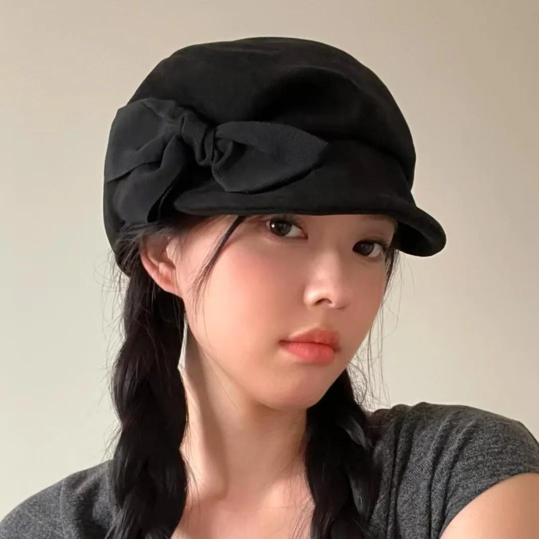 Black Bow Beret Hat for Women Spring Autumn Winter British Style Octagonal Newsboy Hat Artist Painter Soft Brim Peaked Cap