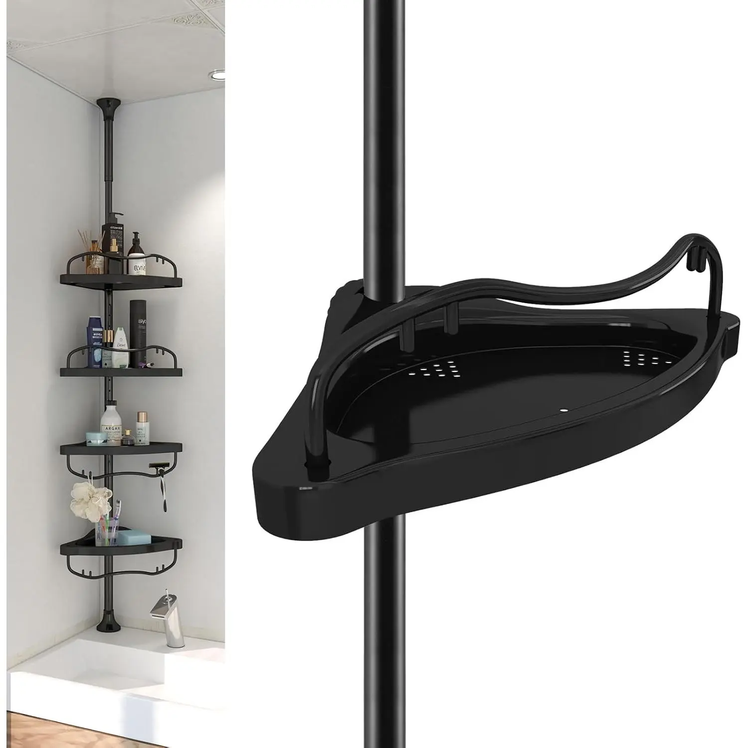 No-Drill Corner Shower Caddy, 39-125" Heavy Duty Rustproof Tension Pole, 4-Layer Large Storage Shelves with Guardrail, Bathroom Organizer for Shampoo, Soap & Accessories, Black
