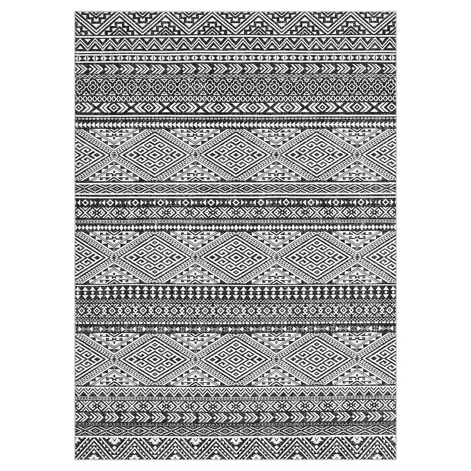 Boho Distressed Washable Area Rug, Machine Washable Non-Slip Non-Shedding Soft Foldable Indoor Floor Carpet for Living Room Bedroom Dining Table, Gray, Blue Tint, Black Tone, 5x7 8x10 9x12 Sizes