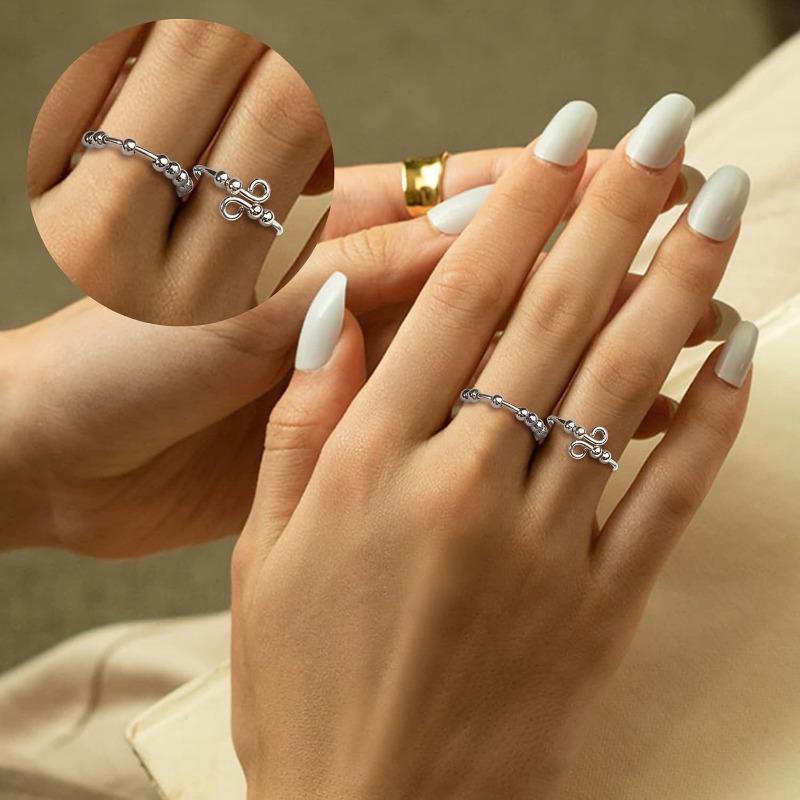 MILACOLATO 2 Pcs 925 Sterling Silver Anxiety Rings for Women & Men with Pearl Anti-Stress Ring Set - Stackable Fidget Rotating Ring Set