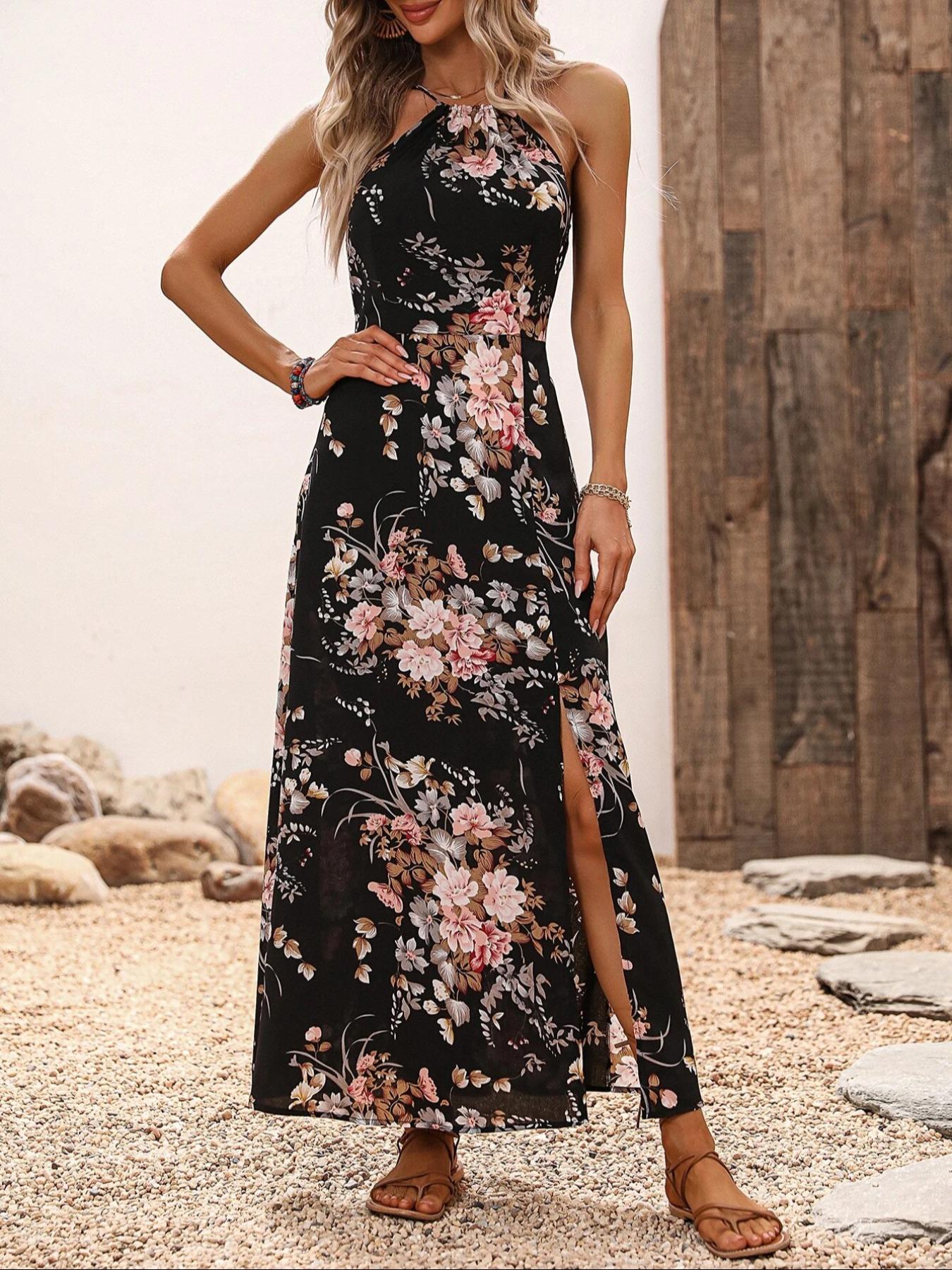 Women's Floral Print Split Thigh Halter Dress, Tie Back Design, Bohemian Boho Summer Long Sleeveless Fitted Dress, Elegant Printed Series Women's Floral Print Split Thigh Halter Dress, Tie Back Design, Bohemian Boho Summer Long Sleeveless Fitted Dress, Elegant Printed Series