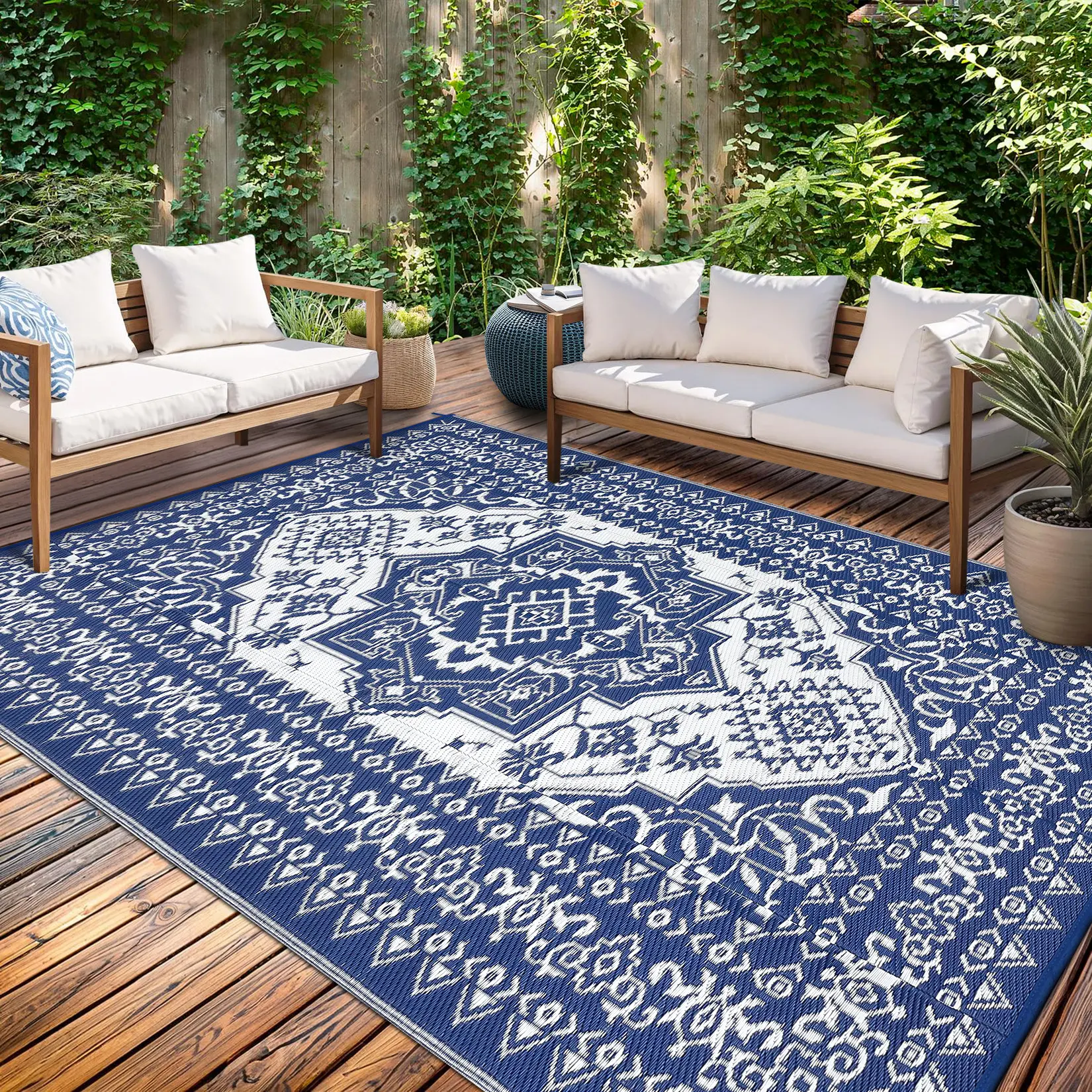 Outdoor Rug Waterproof, Reversible Plastic Straw Patio Rug, Vintage Medallion Carpet, Indoor Outdoor RV Mat for Deck, Balcony, Camping, Beach, Picnic