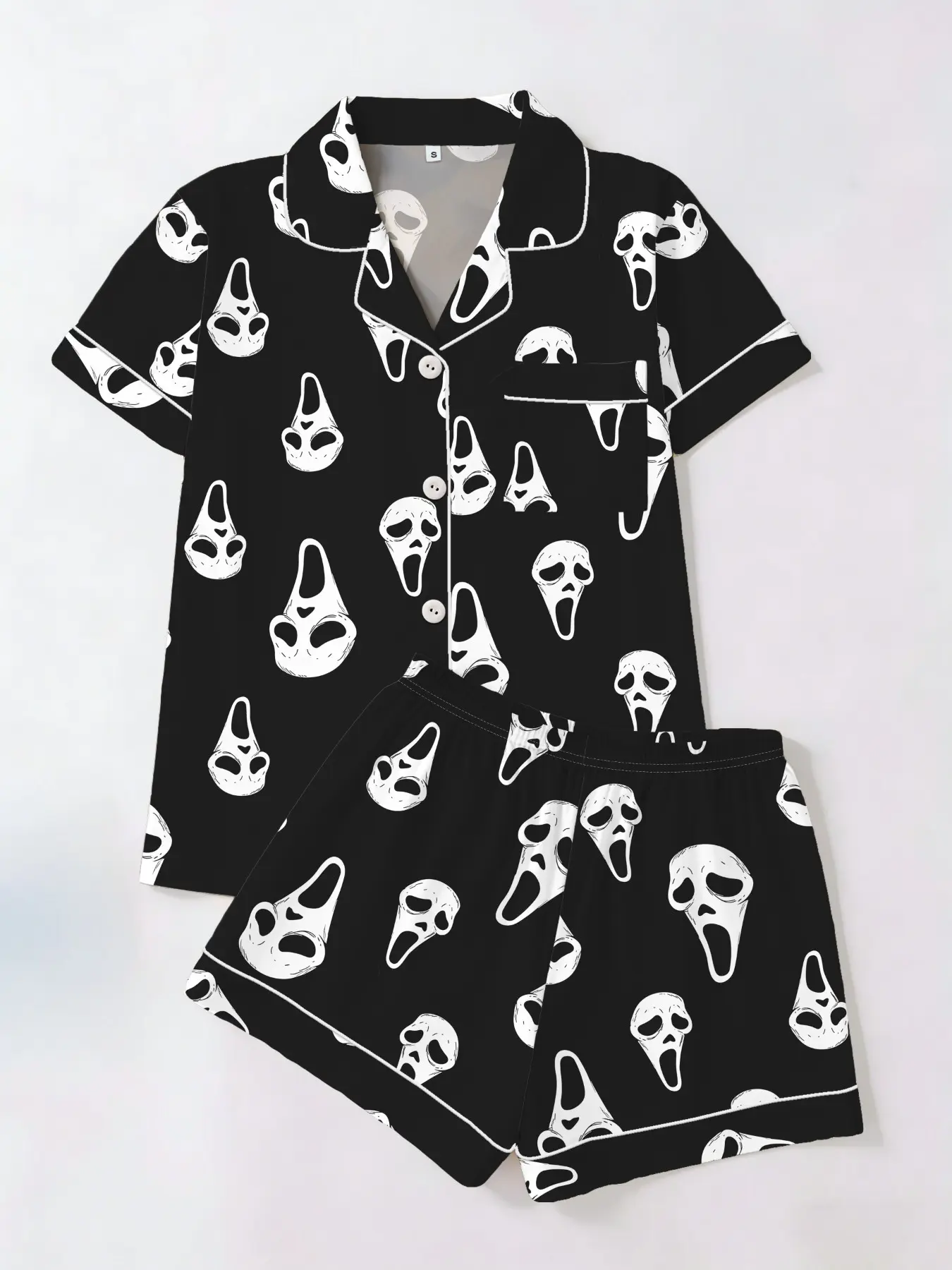 Women's Short Sleeve Sleepwear Set, Halloween Skull Print, Casual Fitted Above Knee, All Seasons, Daily Home Wear, Homewear