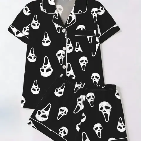 Women's Short Sleeve Sleepwear Set, Pjs, Halloween Skull Print, Casual Fitted Above Knee, All Seasons, Daily Home Wear